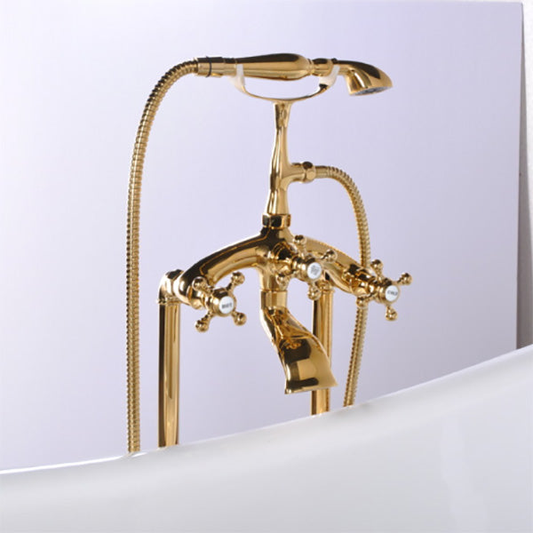 Floor Mounted Tub Spout 3 Handles Traditional Freestanding Tub Filler in Gold