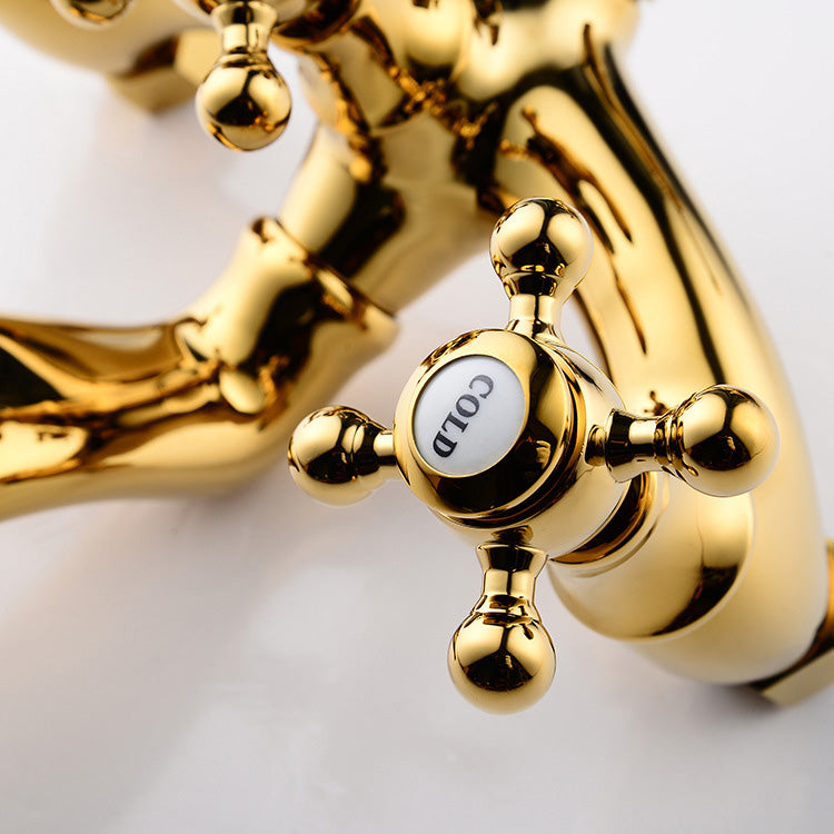 Floor Mounted Tub Spout 3 Handles Traditional Freestanding Tub Filler in Gold