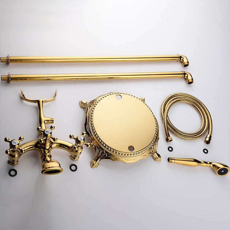 Floor Mounted Tub Spout 3 Handles Traditional Freestanding Tub Filler in Gold