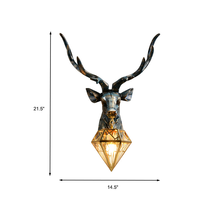 Resin Deer Wall Sconce Lighting Antique Style 1 Light Wall Light with Brass Diamond Shade, 14.5"/19.5" Wide