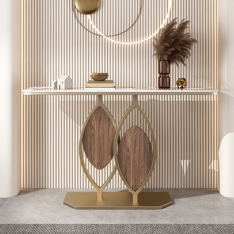 31.5" Tall Stone Glam Console Table Half Moon Accent Table with 1 Shelf