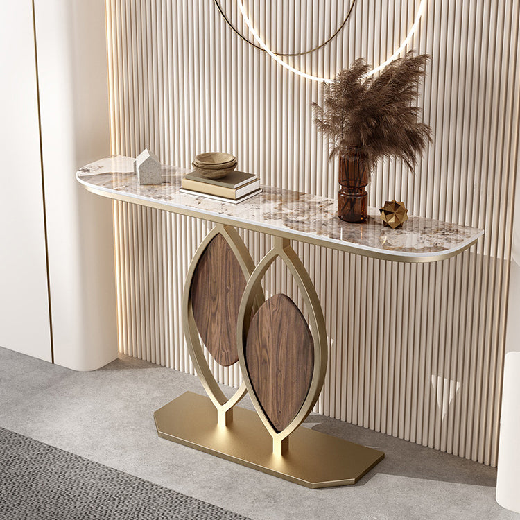 31.5" Tall Stone Glam Console Table Half Moon Accent Table with 1 Shelf