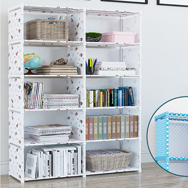 Contemporary Vertical Bookshelf Metal Study Room Bookcase with Fabric Bins