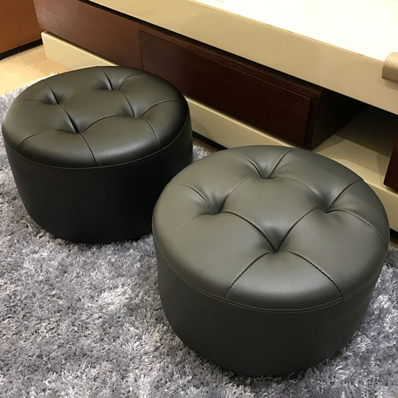 Contemporary Pouf Ottoman Faux Leather Upholstered Tufted Cylinder Shape Ottoman