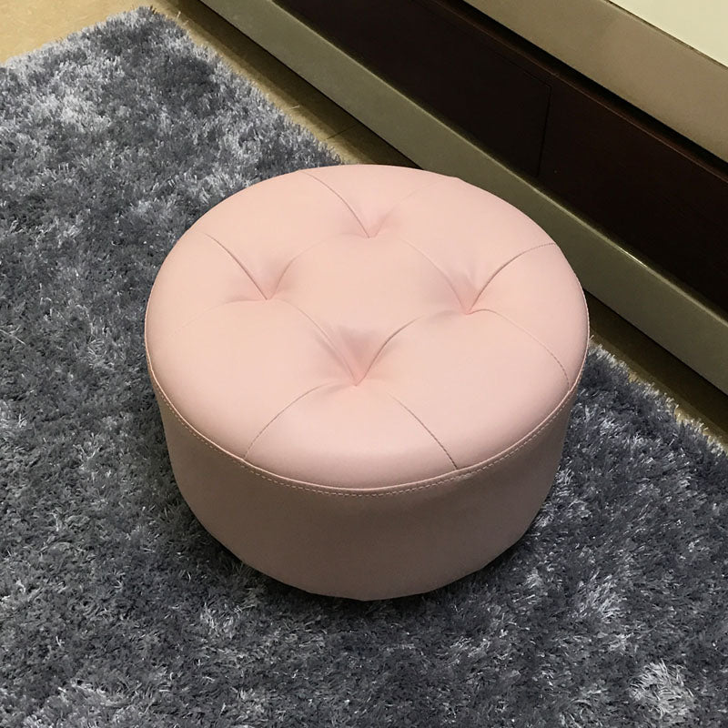 Contemporary Pouf Ottoman Faux Leather Upholstered Tufted Cylinder Shape Ottoman