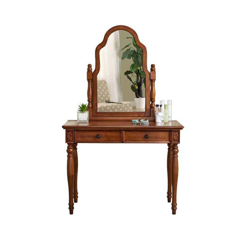 Traditional 2 Drawers Wood Mirrored Makeup Table Desk Vanity in Brown