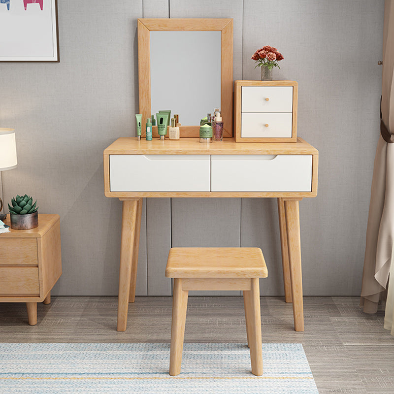 Contemporary Solid Wood Makeup Table Vanity Stool with Drawers and Mirror