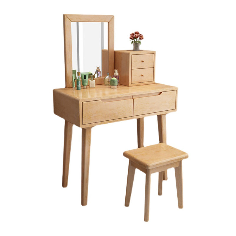 Contemporary Solid Wood Makeup Table Vanity Stool with Drawers and Mirror