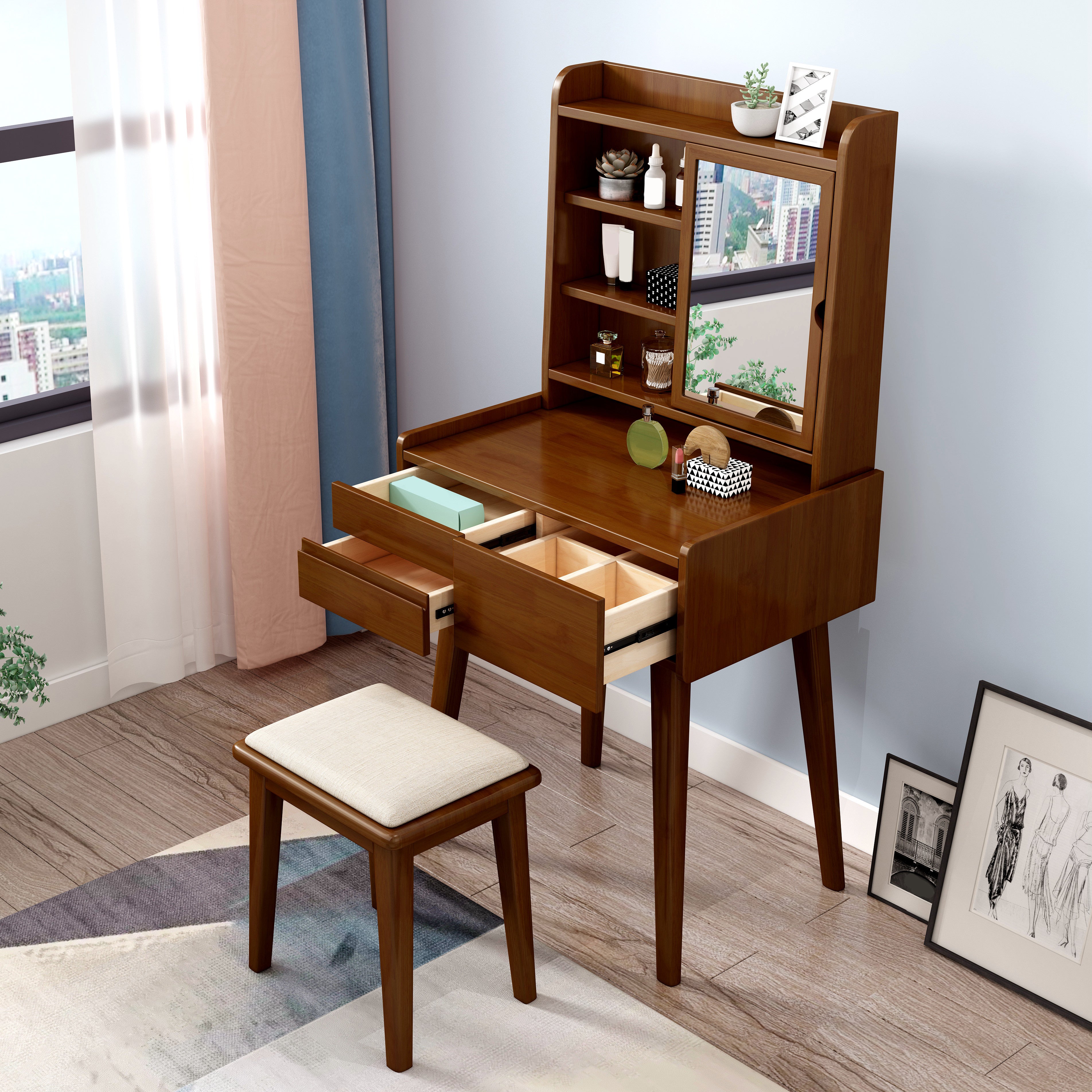 Scandinavian 3-Drawer Solid Wood Table Makeup Vanity with Mirror