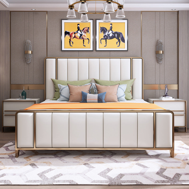 White Standard Bed Modern Bed Frame with Upholstered Headboard