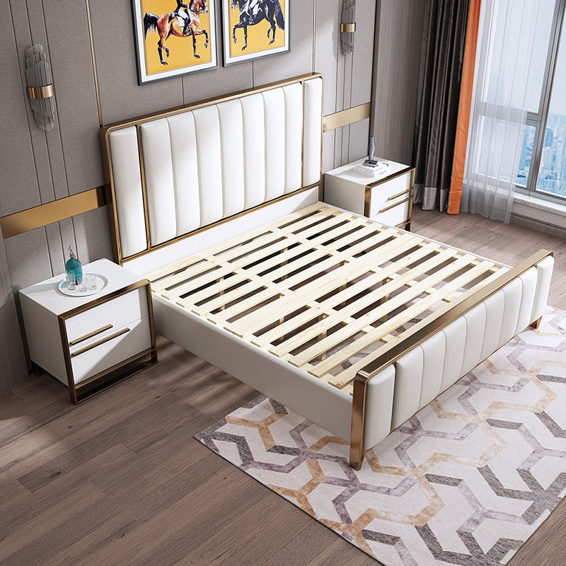 White Standard Bed Modern Bed Frame with Upholstered Headboard