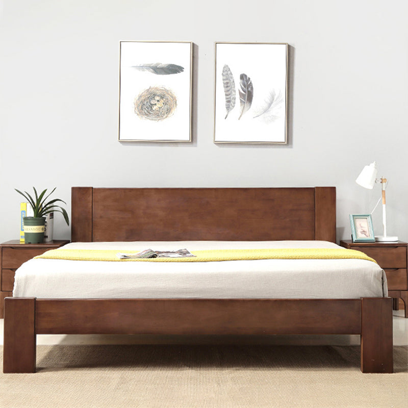 Modern Solid Color Panel Bed Rubberwood Standard Bed with Headboard