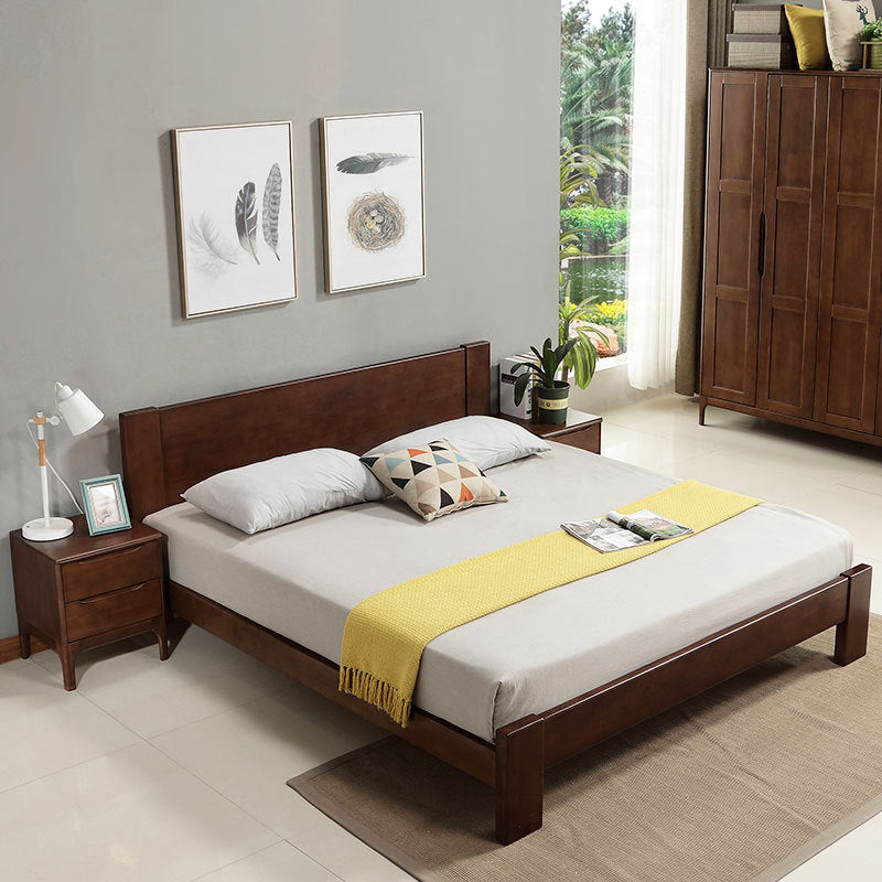 Modern Solid Color Panel Bed Rubberwood Standard Bed with Headboard