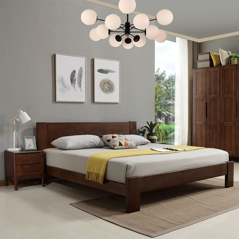 Modern Solid Color Panel Bed Rubberwood Standard Bed with Headboard
