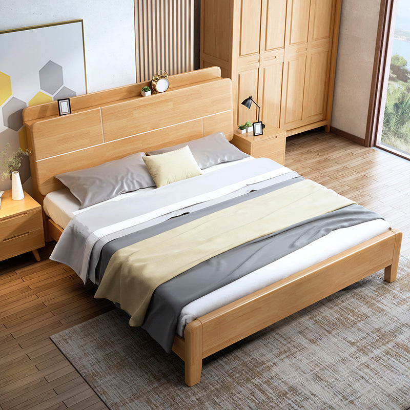 Modern Solid Wood Panel Bed Natural Standard Bed with Headboard