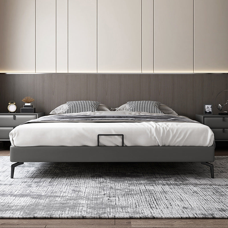 Contemporary Panel Bed Faux Leather and Wood Platform Bed Frame in Dark Grey