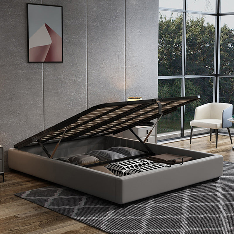 Contemporary Panel Bed Faux Leather and Wood Platform Bed Frame in Dark Grey