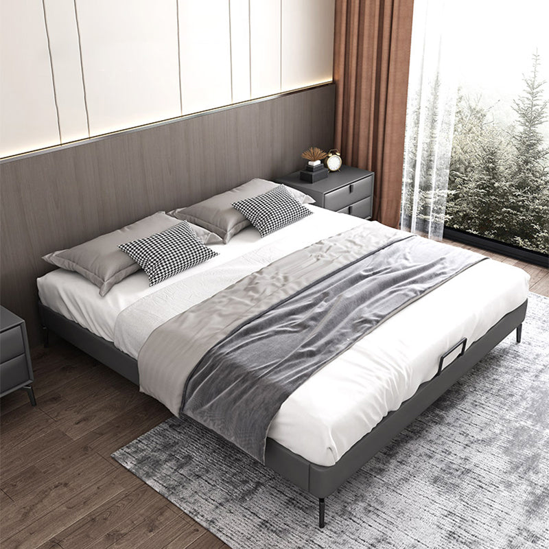 Contemporary Panel Bed Faux Leather and Wood Platform Bed Frame in Dark Grey