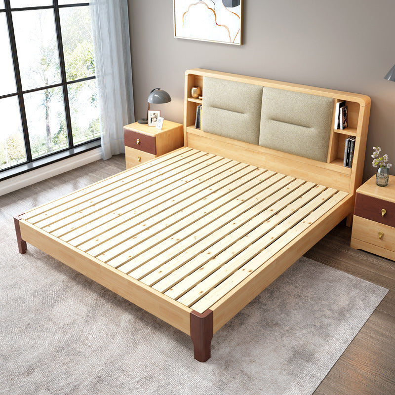 Natural Bed Frame Wood and Upholstered Standard Bed Upholstered Headboard