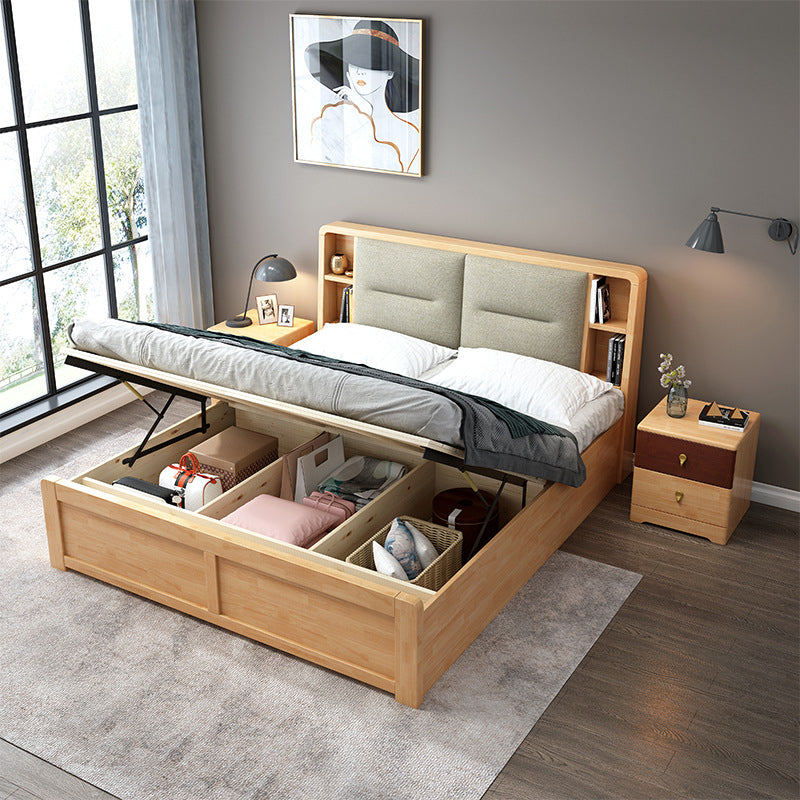 Natural Bed Frame Wood and Upholstered Standard Bed Upholstered Headboard
