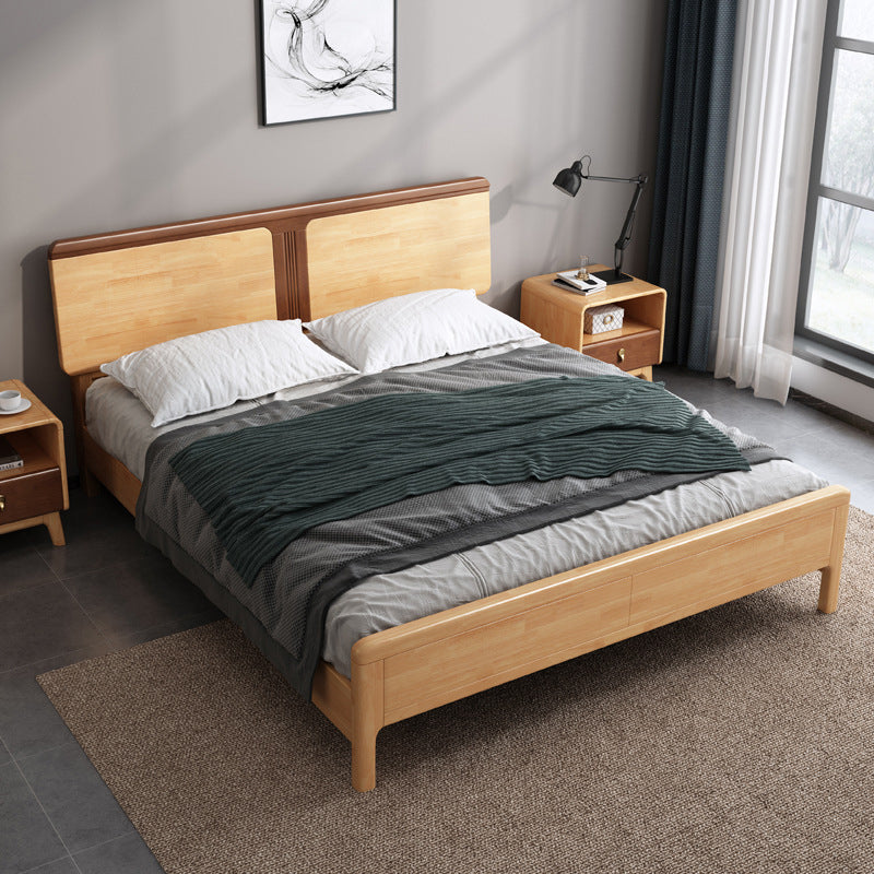 Contemporary Panel Bed Solid Wood Natural Standard Bed with Headboard