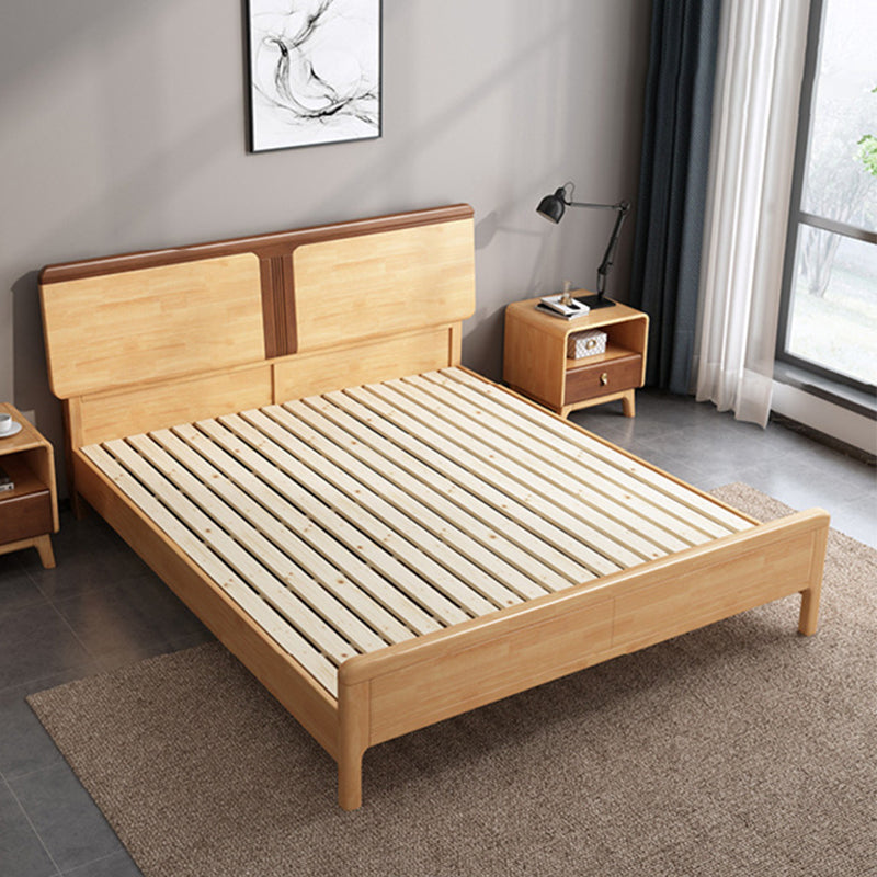 Contemporary Panel Bed Solid Wood Natural Standard Bed with Headboard