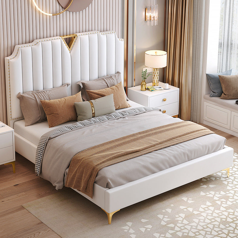 Modern Panel Bed White Faux Leather Standard Bed with Custom Gold Leg