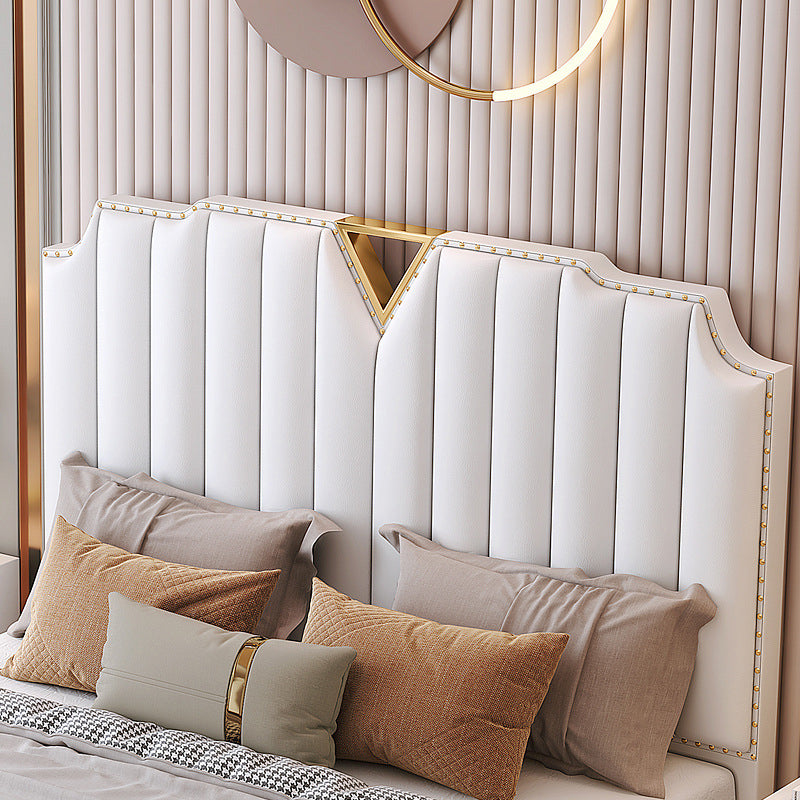 Modern Panel Bed White Faux Leather Standard Bed with Custom Gold Leg