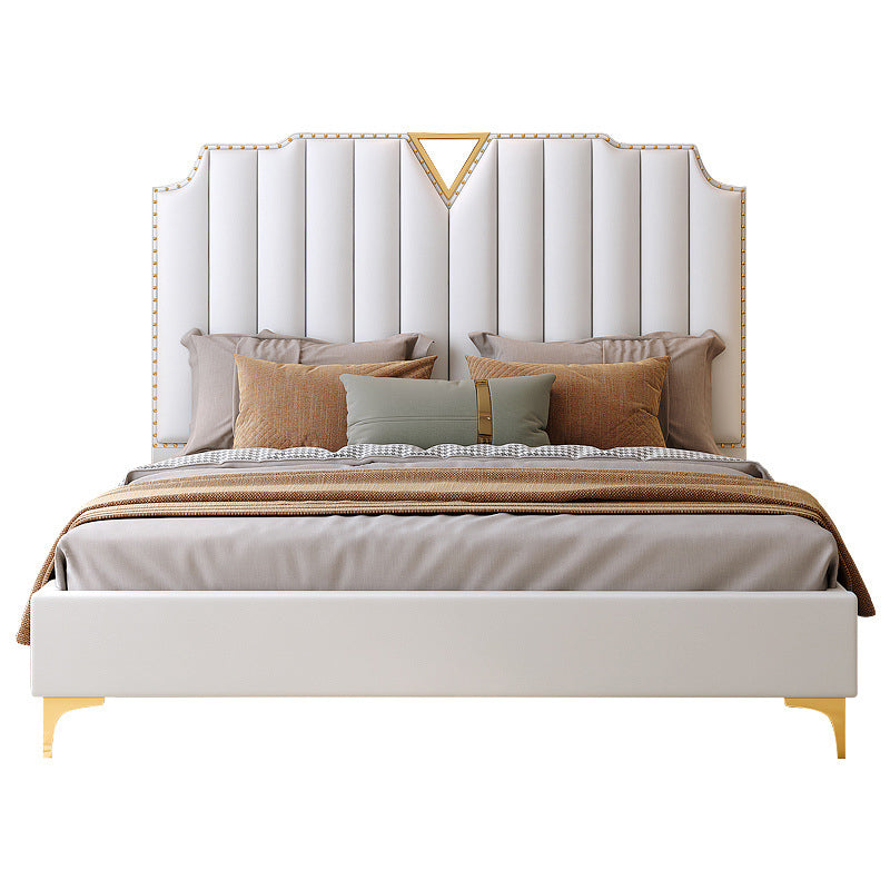 Modern Panel Bed White Faux Leather Standard Bed with Custom Gold Leg