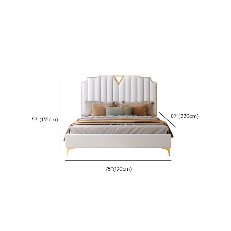 Modern Panel Bed White Faux Leather Standard Bed with Custom Gold Leg