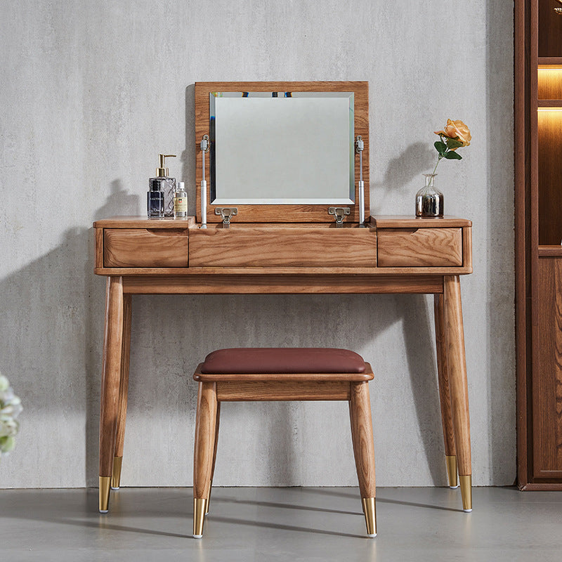 Traditional Vanity Desk Flip Single Mirror Double Drawers Straight Feet Dresser