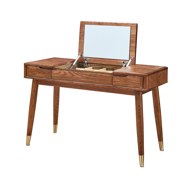 Traditional Vanity Desk Flip Single Mirror Double Drawers Straight Feet Dresser