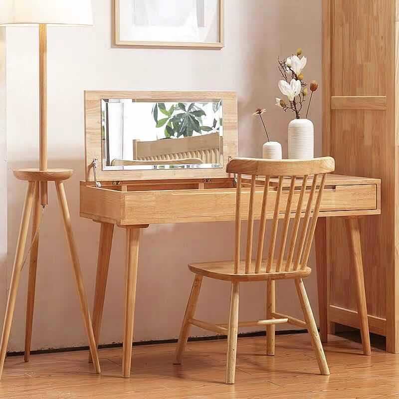 Scandinavian Rubberwood Vanity Flip Single Mirror Jewelry Vanity Desk
