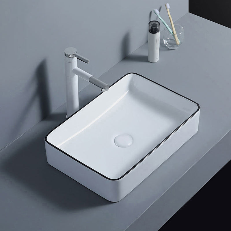 Modern Bathroom Sink with Single Faucet Hole Porcelain Rectangular Vessel Bathroom Sink