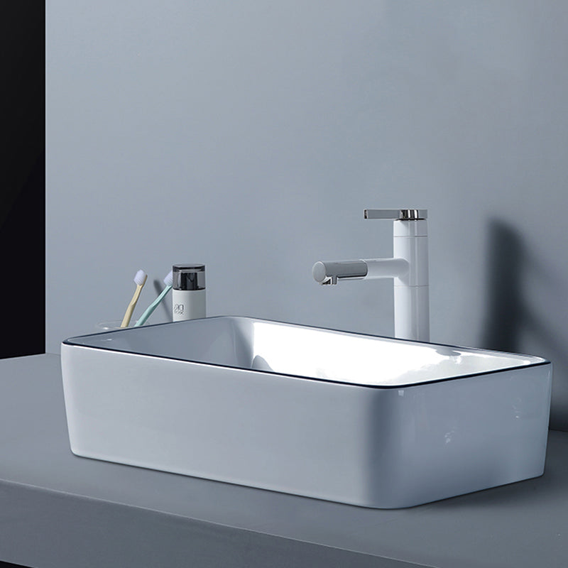 Modern Bathroom Sink with Single Faucet Hole Porcelain Rectangular Vessel Bathroom Sink