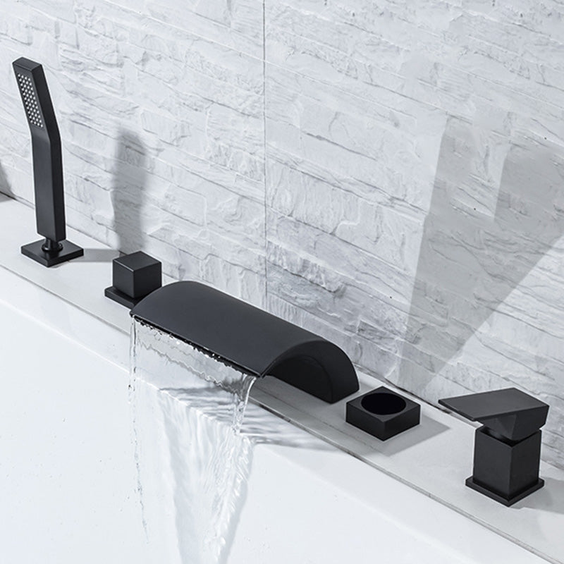 Modern Waterfall Tub Spout 2 Handles Deck Mount Roman Tub Faucet in Black and Chrome