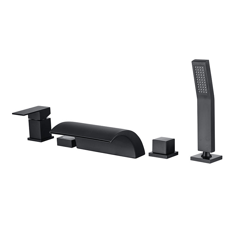 Modern Waterfall Tub Spout 2 Handles Deck Mount Roman Tub Faucet in Black and Chrome