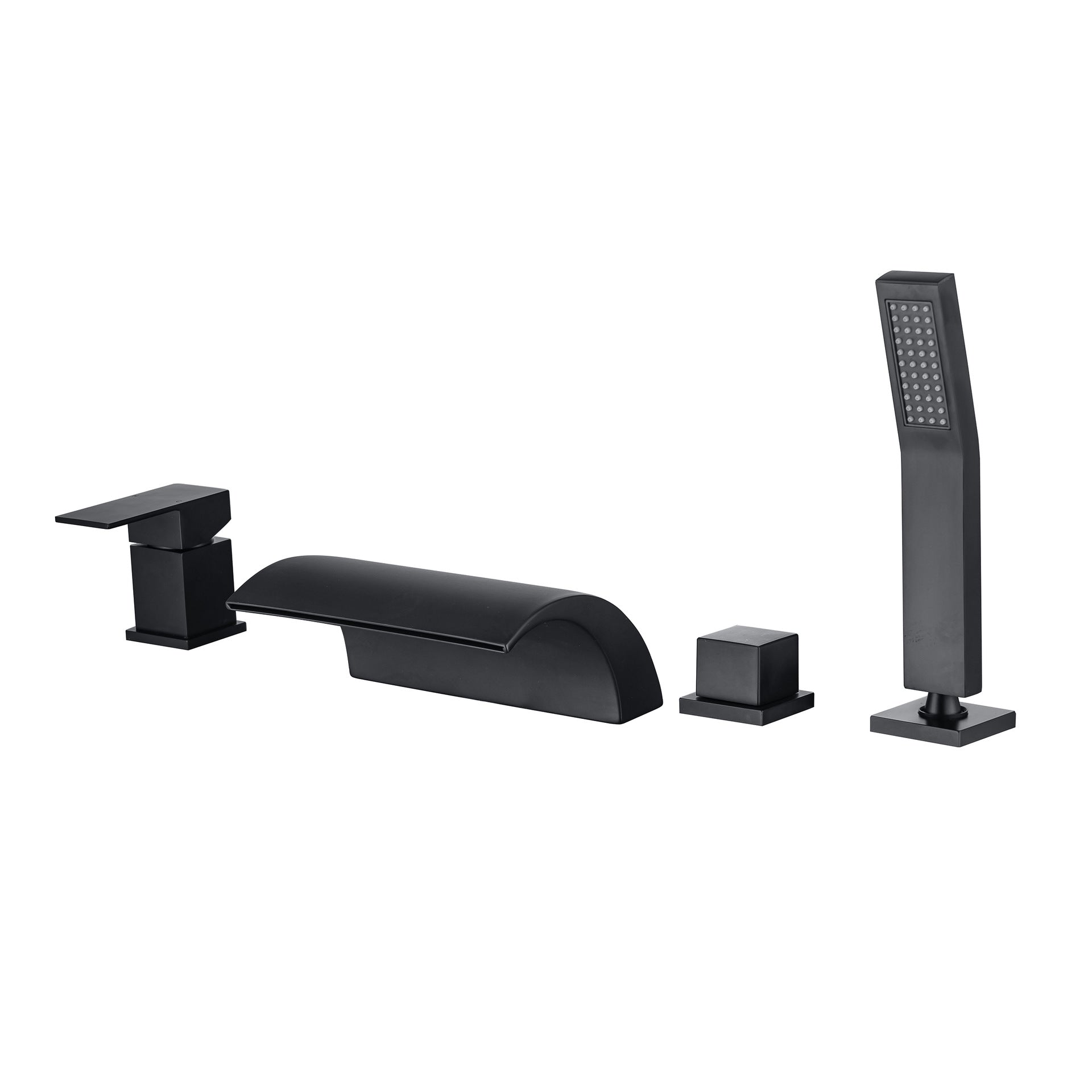 Modern Waterfall Tub Spout 2 Handles Deck Mount Roman Tub Faucet in Black and Chrome