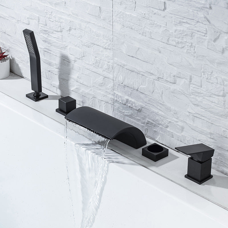 Modern Waterfall Tub Spout 2 Handles Deck Mount Roman Tub Faucet in Black and Chrome