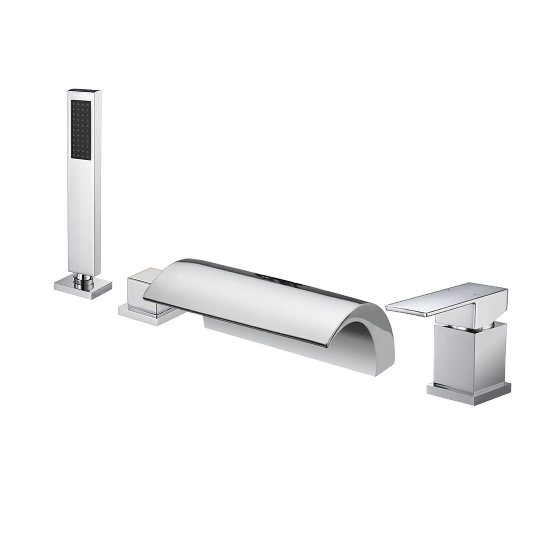 Modern Waterfall Tub Spout 2 Handles Deck Mount Roman Tub Faucet in Black and Chrome