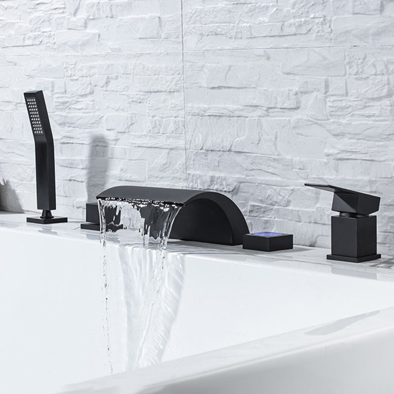 Modern Waterfall Tub Spout 2 Handles Deck Mount Roman Tub Faucet in Black and Chrome