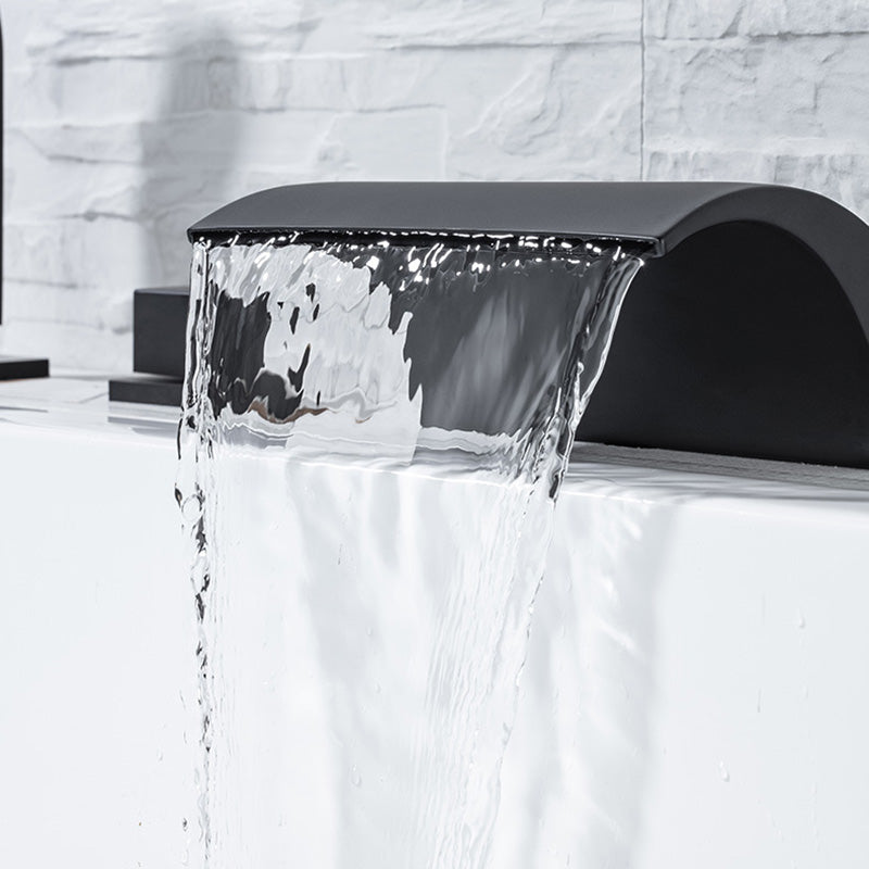Modern Waterfall Tub Spout 2 Handles Deck Mount Roman Tub Faucet in Black and Chrome