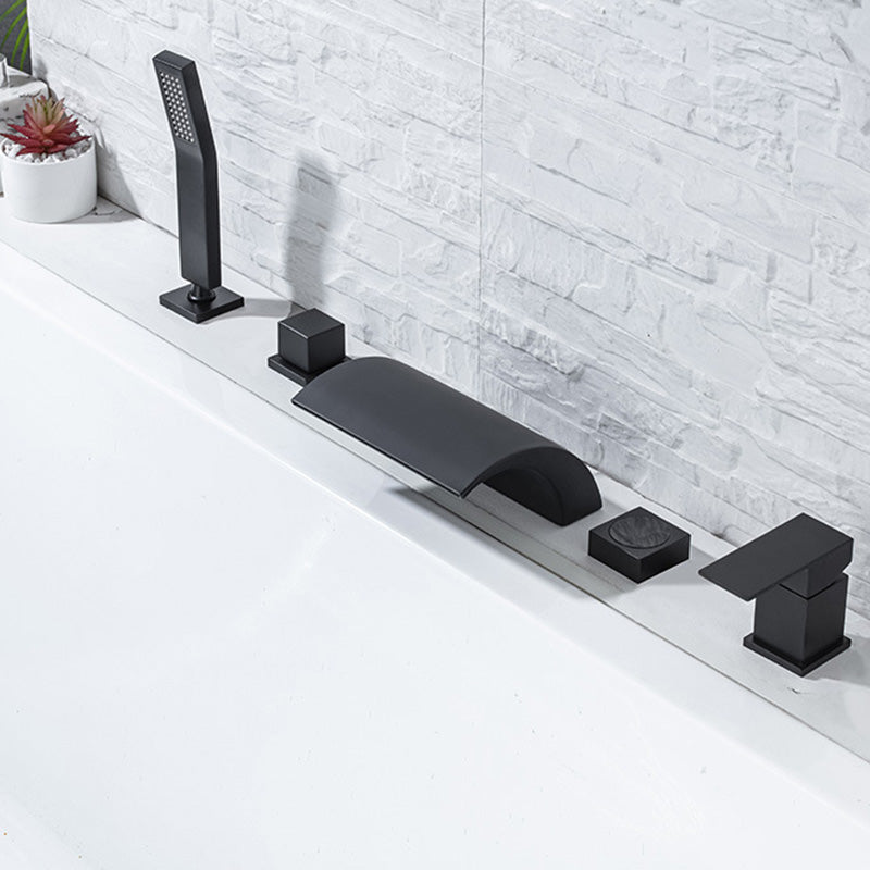 Modern Waterfall Tub Spout 2 Handles Deck Mount Roman Tub Faucet in Black and Chrome