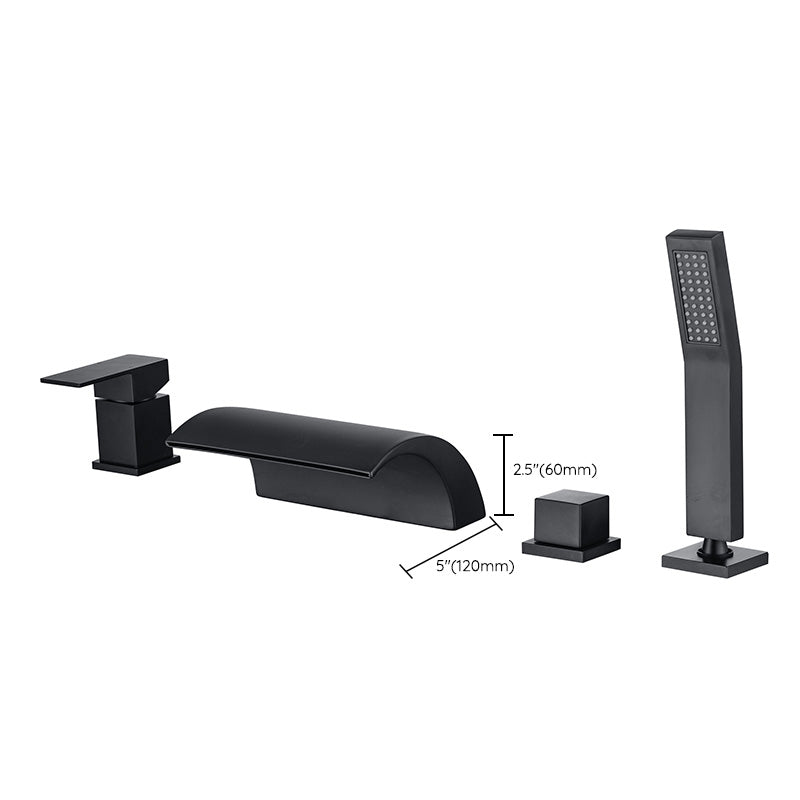 Modern Waterfall Tub Spout 2 Handles Deck Mount Roman Tub Faucet in Black and Chrome