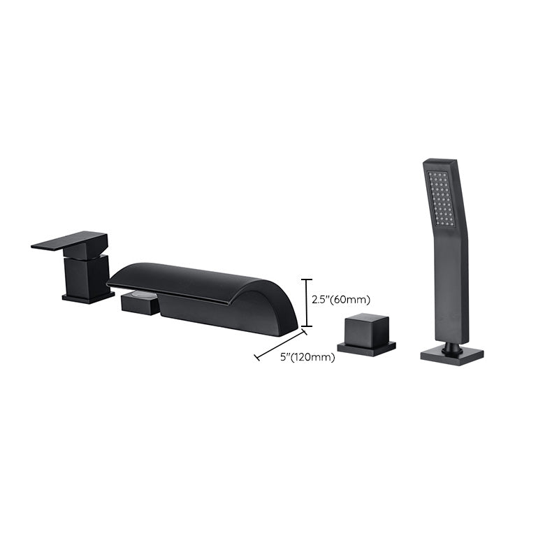 Modern Waterfall Tub Spout 2 Handles Deck Mount Roman Tub Faucet in Black and Chrome