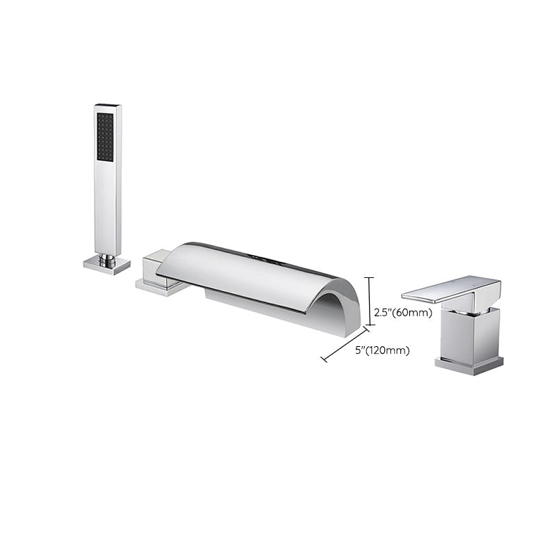 Modern Waterfall Tub Spout 2 Handles Deck Mount Roman Tub Faucet in Black and Chrome
