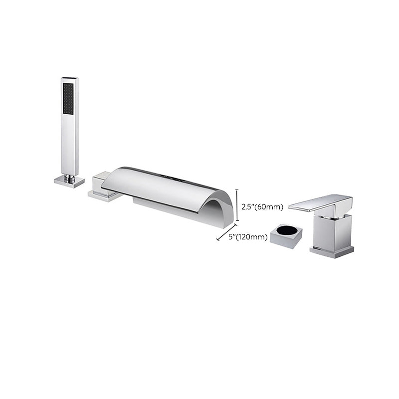 Modern Waterfall Tub Spout 2 Handles Deck Mount Roman Tub Faucet in Black and Chrome