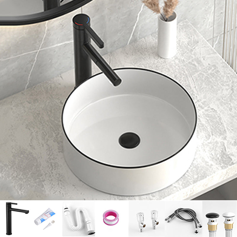 Modern Bathroom Sink Porcelain Pop-Up Drain Round Vessel Lavatory Sink