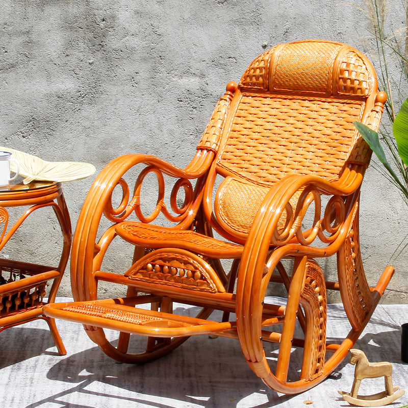 Traditional Rocking Chair Rattan Spindle Backrest Built-in Armrest Indoor Rocking Chair