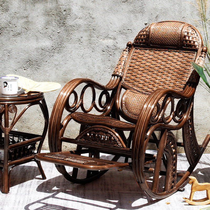 Traditional Rocking Chair Rattan Spindle Backrest Built-in Armrest Indoor Rocking Chair